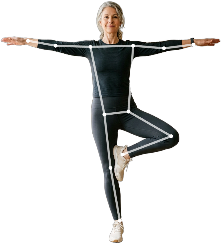 Person in their 50s performing a gentle balance exercise in a bright living room